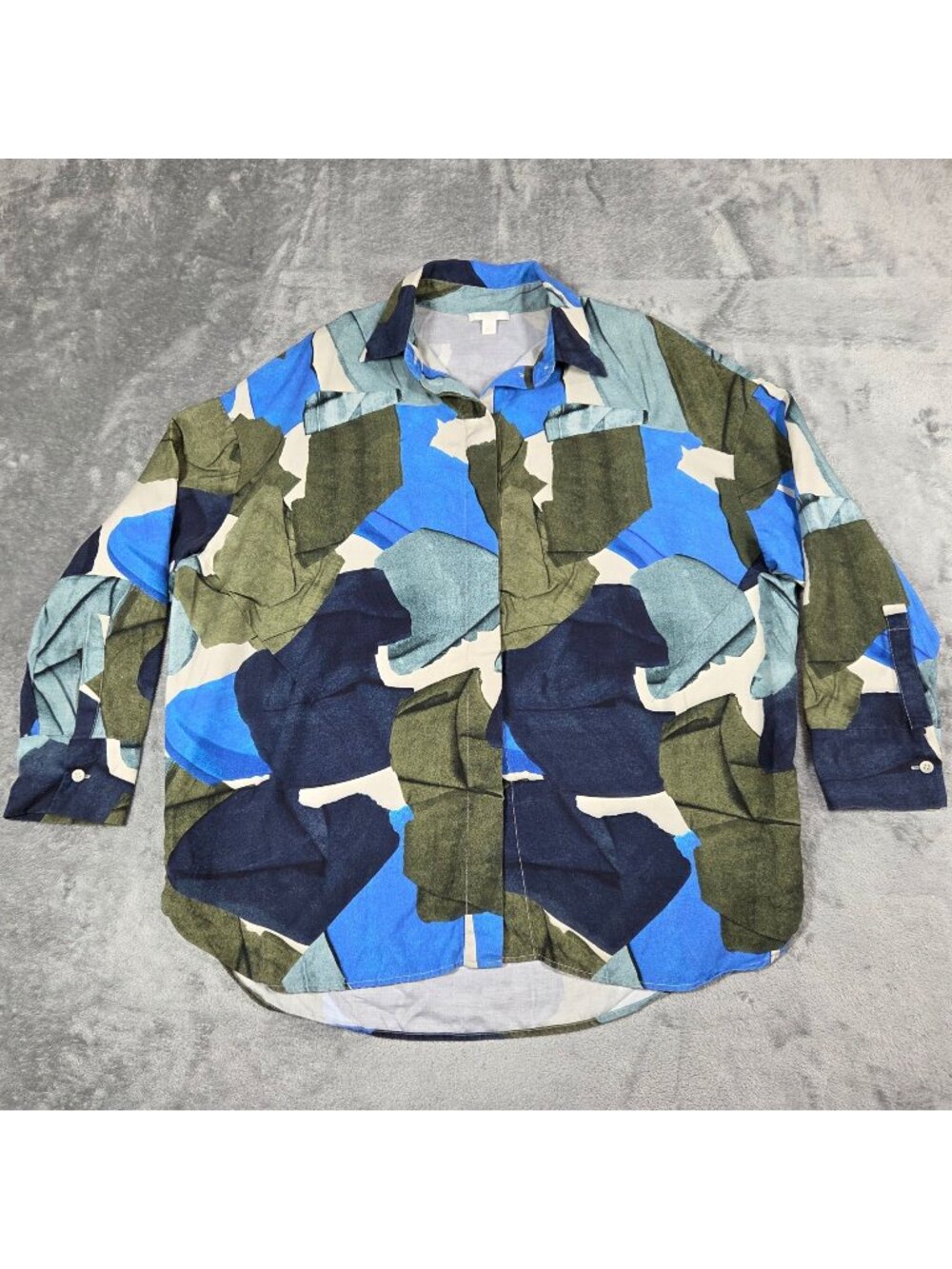 COS Top Womens 6 Blue Green Abstract Circle Cut Hem Linen Blend Lagenlook Blouse